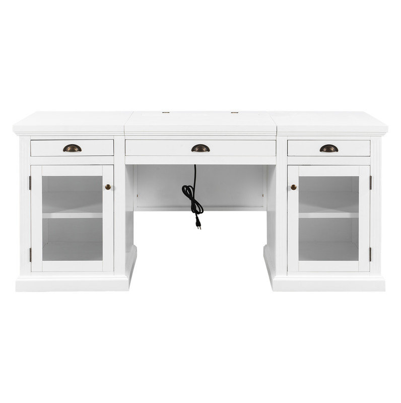 Bureau de direction 67 po, bureau d'ordinateur avec 2 portes vitrées et 3 tiroirs, bureau rectangulaire, bureau de lecture, table d'écriture, poste de travail pour bureau à domicile, salon, bureau, blanc