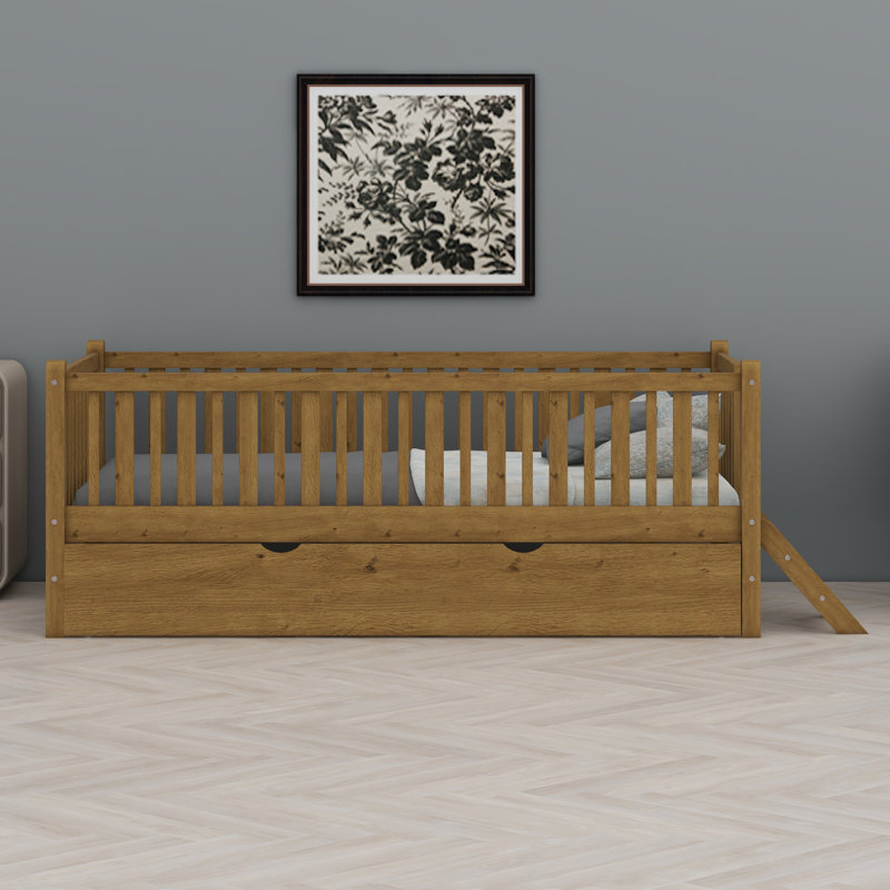 Platform Bed With Guardrail And Trundle, Walnut