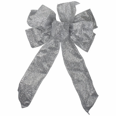 14" X 9" Silver Glittered 6 Loop Christmas Bow Decoration