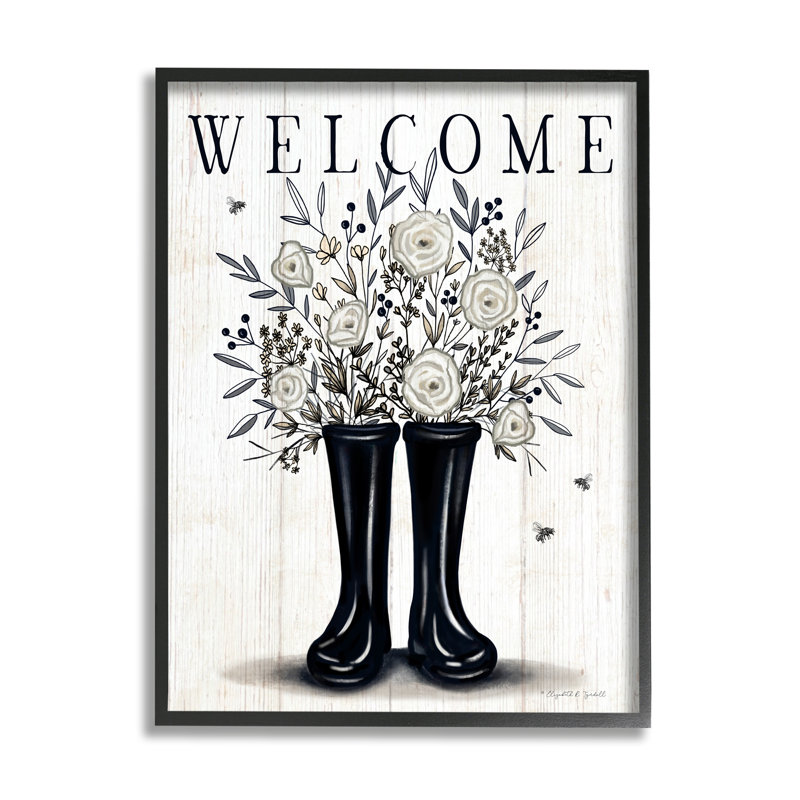 Welcome, roses blanches, jardinage, Giclée encadrée noir minuit, H 14 po x l 11 po x P 1,5 po