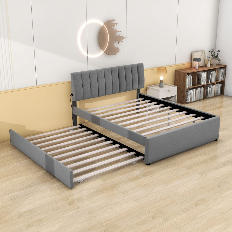 Lit plateforme tapissier en bois avec lit gigogne et tête de lit, gris, Grand