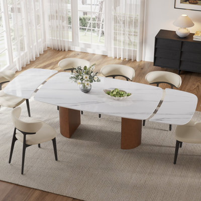94.49" Extendable Sintered Stone Dining Table for 10 Seats, Rectangular Expandable Dining Table with Solid Wood Base, Modern Extendable Dining Table