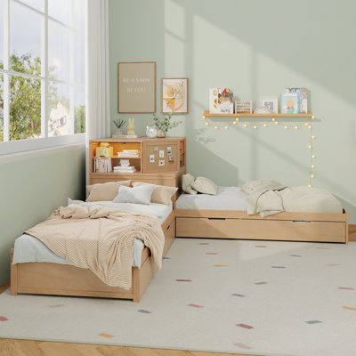 L-Shaped Combination Twin Bed Frame With Trundle And Drawer,3-In-1 Low Corner Platform Bed Linked With Built-In Desk And Led Downlight, Natural(Old SKU:BS701P236577N)