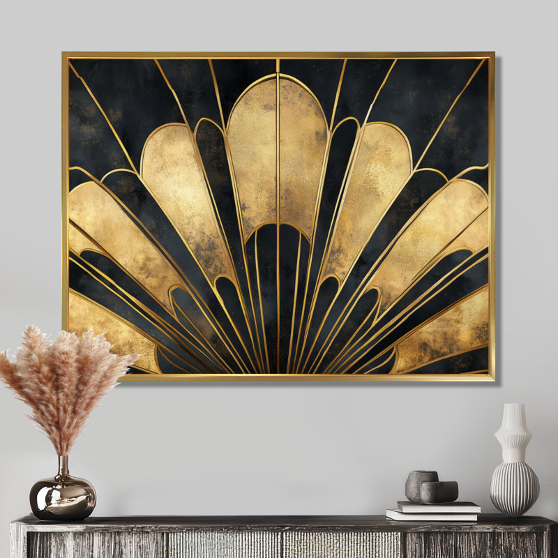 Toile géométrique dorée, art mural Art déco, Timée, H 30 po x l 40 po, Cadre flottant doré