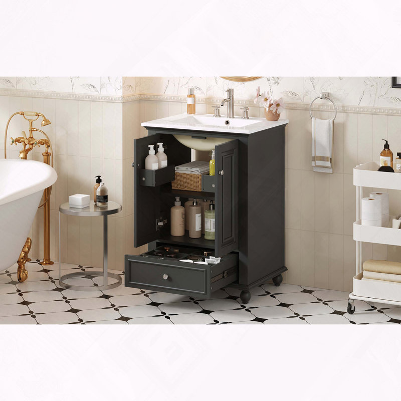 Meuble-lavabo de salle de bain avec lavabo en céramique à portes à fermeture douce et tiroir divisé, Noir