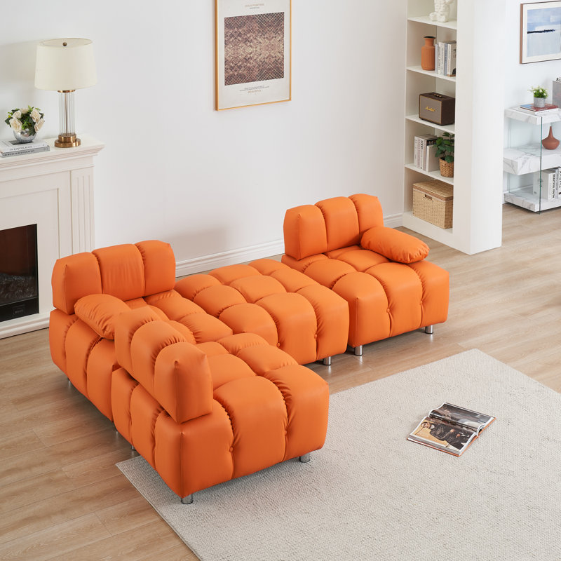 Canapé capitonné capitonné, Cuir orange, H 27,56 po x l 89 po x P 33,46 po