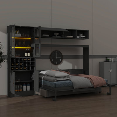 Queen Size Bed Combining Couch, Storage Shelves, Charging Station, LED Light, Bookshelf, And Wine Holder