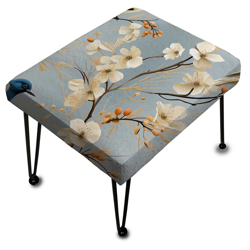 Repose-pieds rectangulaire bleu et blanc minimaliste avec oiseaux
