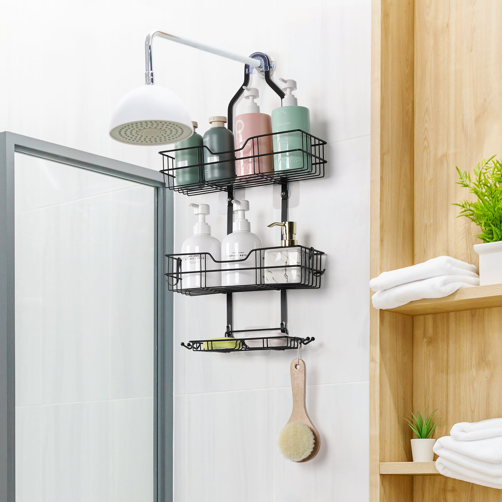 Rebrilliant Shower Caddy Shelf Organizer Rack: Self Adhesive Black Bathroom Shelves - Rustproof No-Drilling Stainless Steel Shower Storage for Inside Shower Rebri
