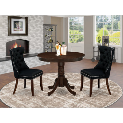 3 Piece Kitchen Table & Chairs Set Contains a Round Dining Table with Pedestal and 2 Polyester Fabric Padded Chairs, Antique Walnut