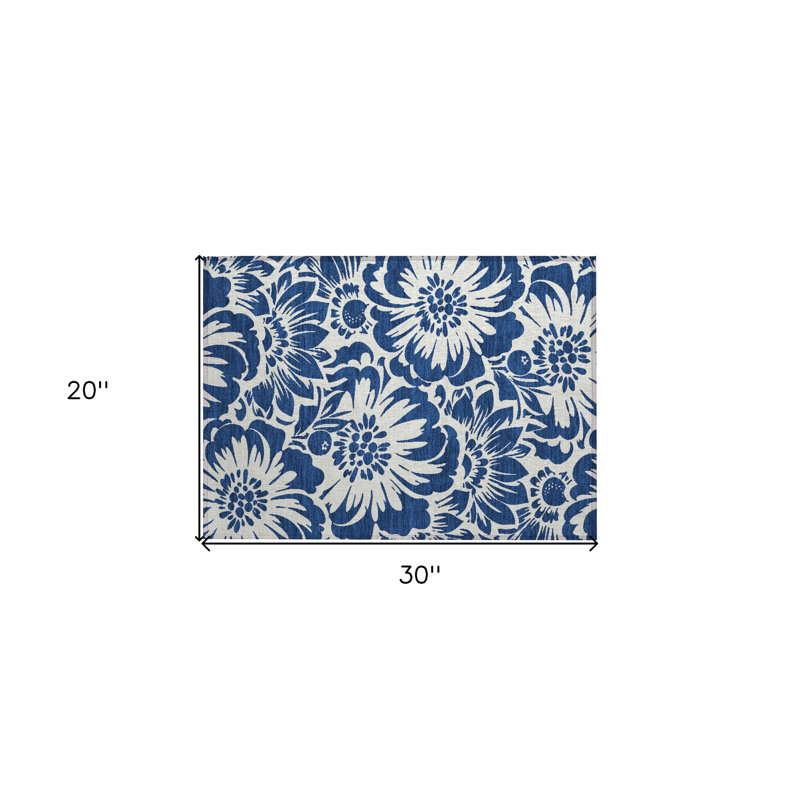 2' X 3' Navy and Ivory Floral Washable Non Skid Indoor Outdoor Area Rug