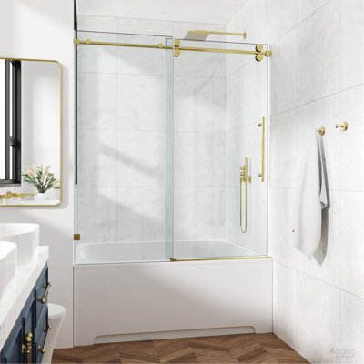 60*76"Fixed & Sliding Shower Door, Round Tube Hardware, Clear Glass Shower Door, 3/8″ (10mm) SGCC Tempered Glass, Stainless Steel