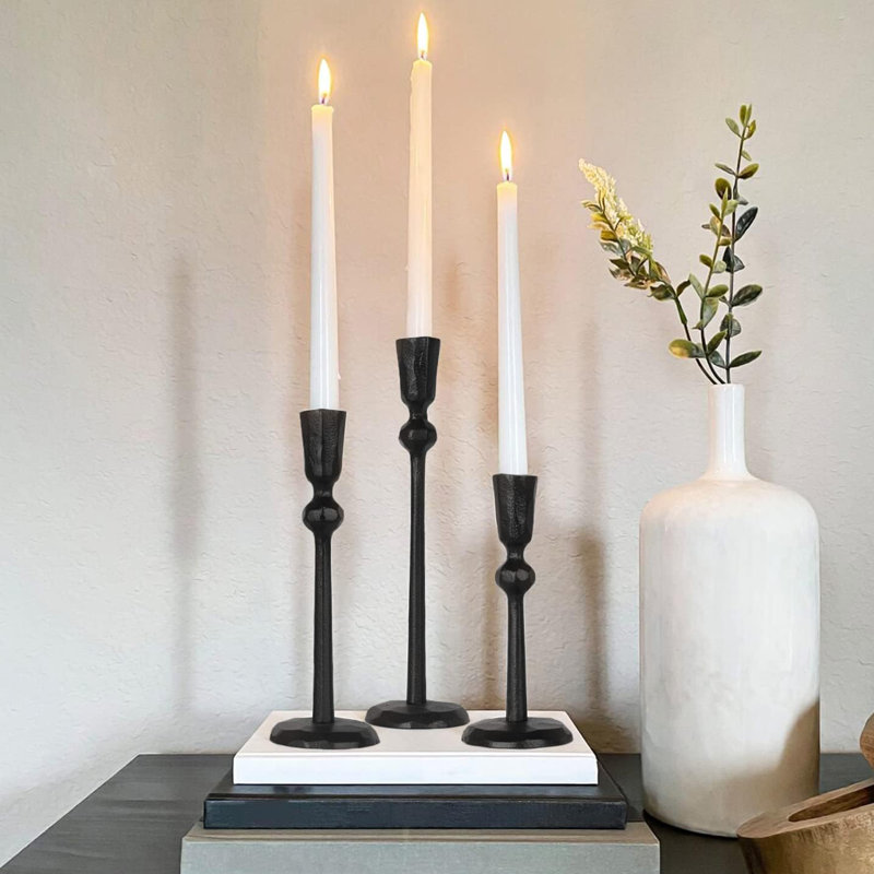 Antique Brass Iron Taper Candle Holder Set Of 3 - Decorative Candlestick Stand For Wedding, Dining, Party, Home Decor, Black