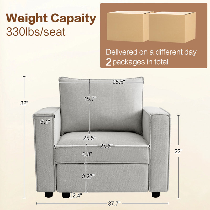 Chaise d'appoint de canapé avec rangement de siège, chaises de salon de 37 po, Lin gris