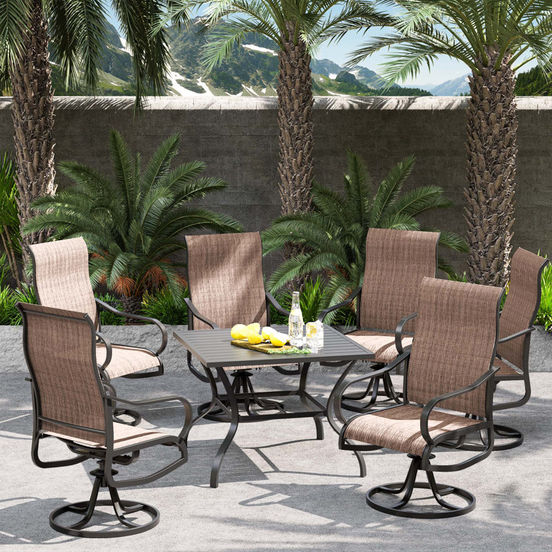 Chaise pivotante d'extérieur 6 pièces avec 1 table en métal, Brun