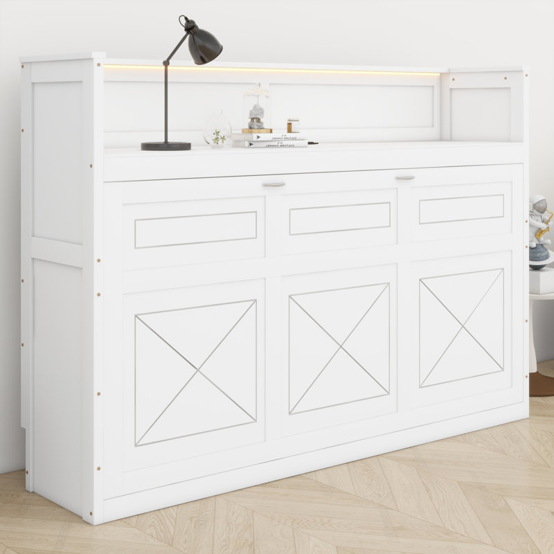 Lit escamotable simple avec bureau intégré, lumière DEL, station de charge USB, Blanc
