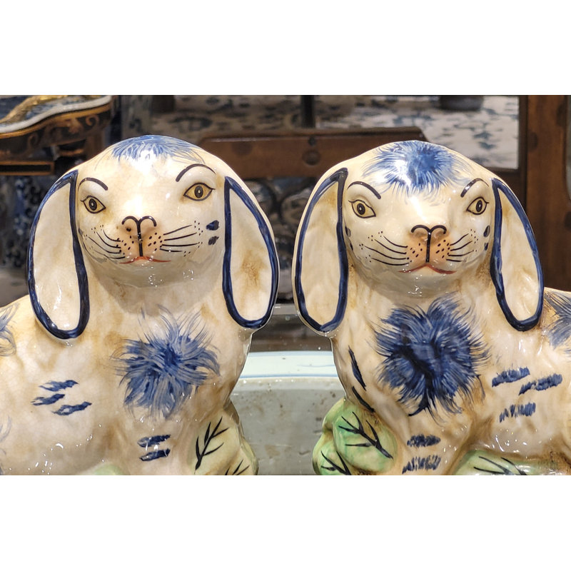 Small Staffordshire Bunny Hares Figurine, Blue/Cream, 6.5" H x 6" W x 3" D