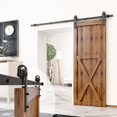 Ensemble de quincaillerie de porte de grange simple à rail simple noir rustique d'une longueur de 6,6 pi pour une porte (porte non incluse)