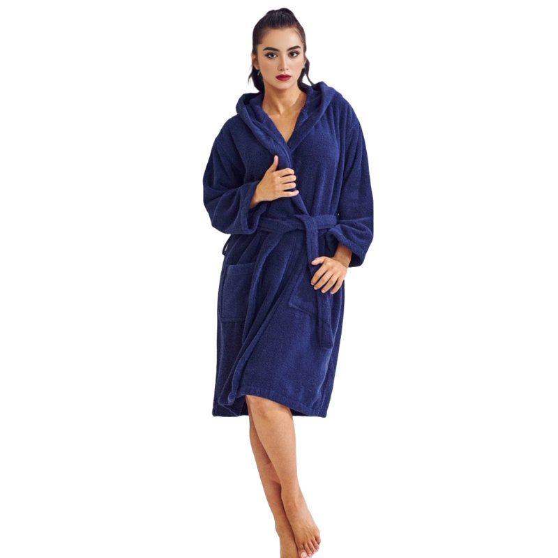 Peignoir mi-mollet 100% coton avec poches et capuche Seine, P / M, Bleu marine