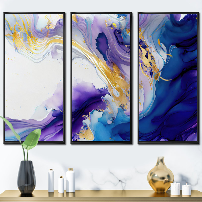 «Dheera Blue and Gold Splash II», reproduction sur toile 3 pièces, H 28 po x l 36 po x P 1 po, Cadre noir