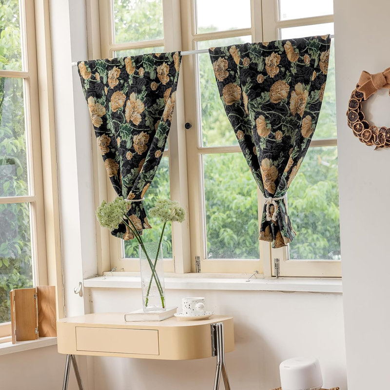 Polyester Small Short Curtains 2 Panels, 30" W x 24" L, Yellow/Black, Floral