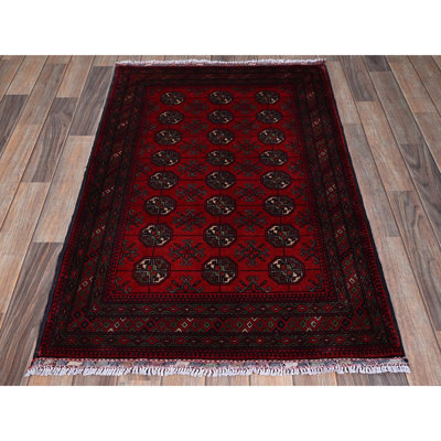 2'9"x4'4" Berry Red, Princess Bokara with Geometric Medallions Design, 100% Wool, Veggie Dyes, Hand Knotted, Mat, Sample, Oriental Rug
