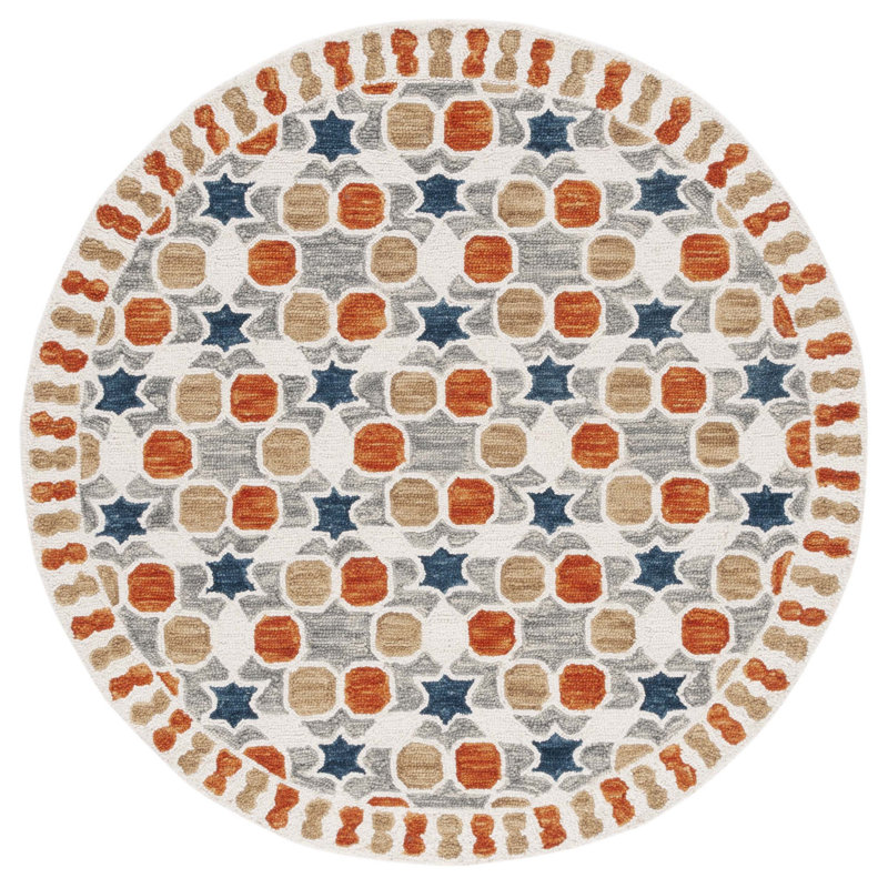 Tapis en laine / coton touffeté à la main Vahakn en ivoire / gris, Rond 5 pi