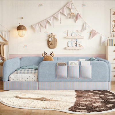 Lit de sol rembourré pour enfants, style Montessori, bas à sol avec rails de sécurité et poche de rangement latérale, structure en molleton douillet 