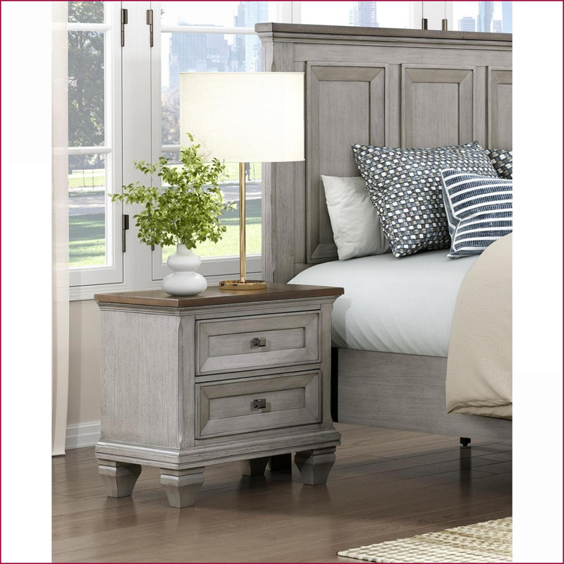 Table de chevet 2 tiroirs gris / brun antique avec placage d'acacia