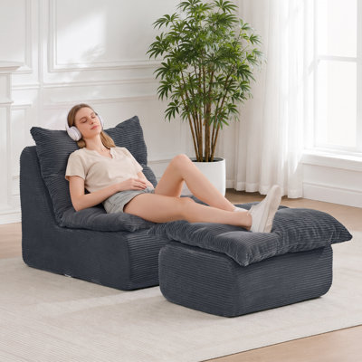 Fauteuil à billes avec repose-pieds, canapé-lit en velours côtelé avec repose-pieds, fauteuil de lecture en éponge haute densité pour adultes, chaise rembourrée confortable pour le salon, gris