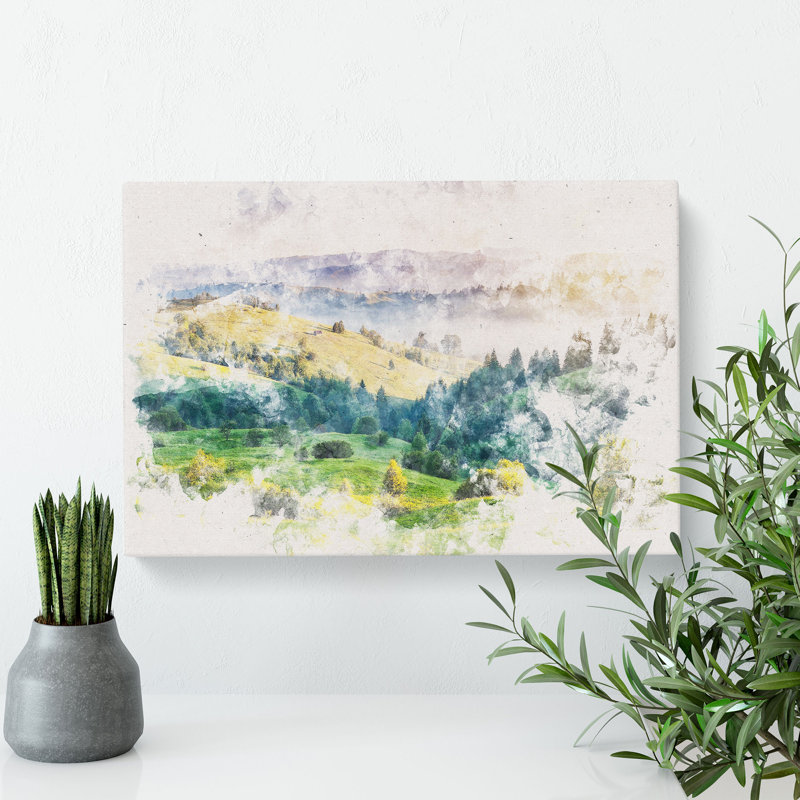 Rolling Hills Of India Watercolour - Wrapped Canvas Print, 40cm H x 60cm W x 3cm D