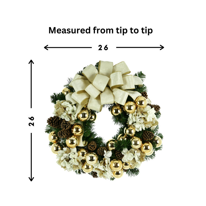 26" Hydrangea Christmas Wreath With A Large Bow And Ornaments
