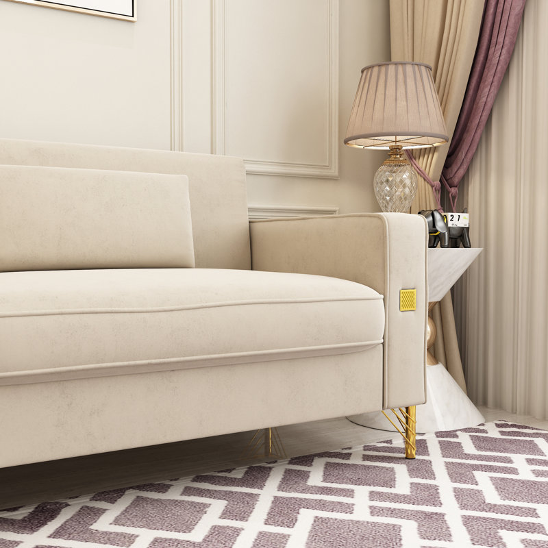 Deondry 85.63" Velvet Square Arm Sofa, Beige Velvet