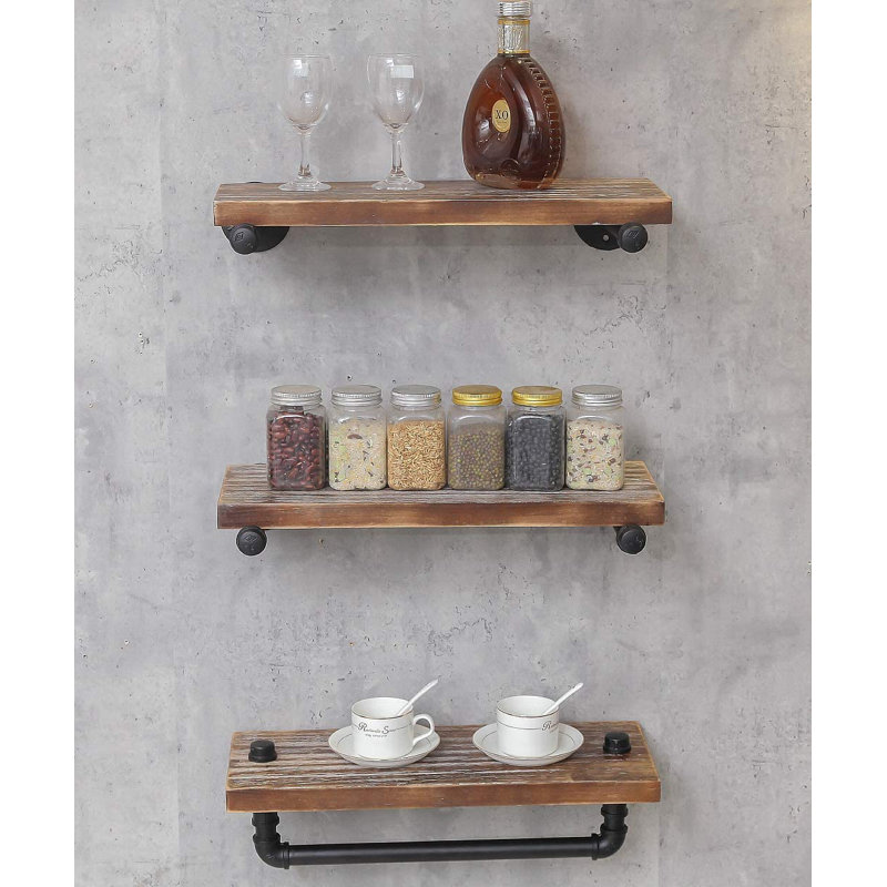 Tablette industrielle en bois, tablette murale rustique avec barre à serviettes, porte-serviettes de 20 po pour la salle de bain, tablette en bois à 3 niveaux