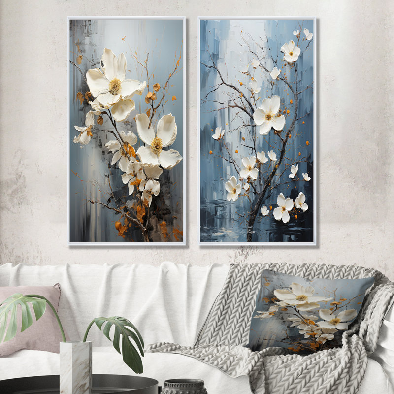 Ensemble de 2 décorations murales grises et bleues, Cadre blanc, H 28 po x l 25 po