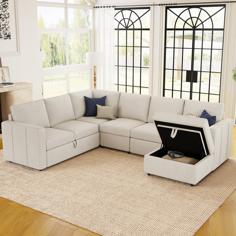 Seybert U Shaped Sofa Set Large Pullout Sofa Bed Modular Sectional Couch With Storage Ottoman, Beige Velvet