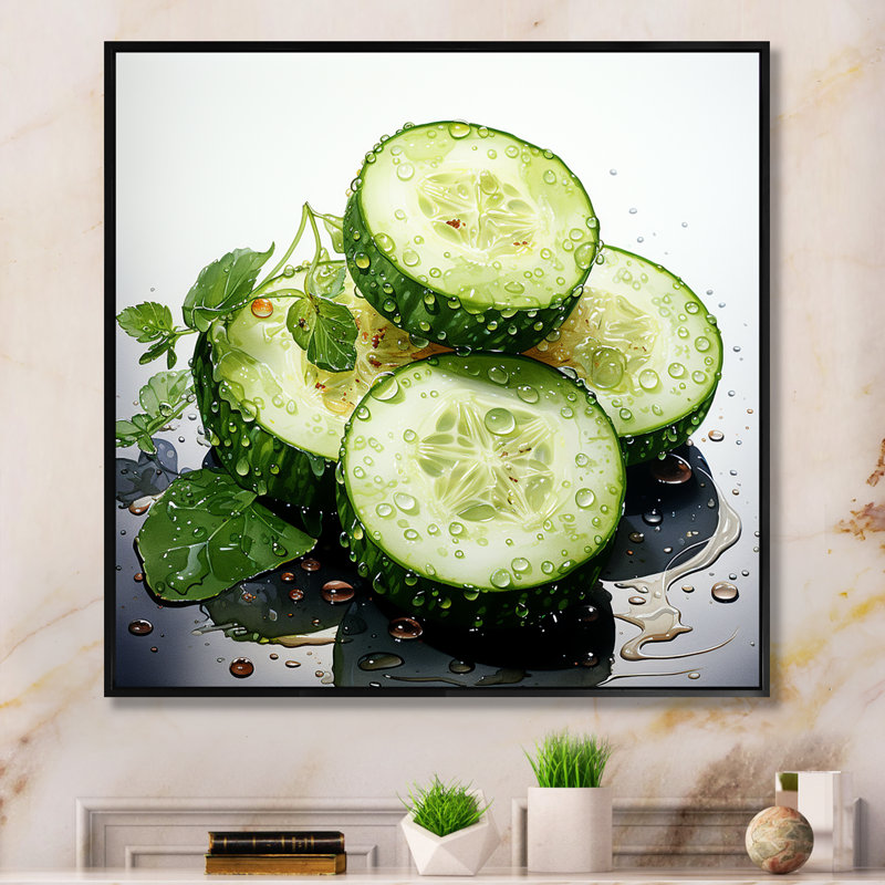 «Honeydew Cucumber Légume Pointillism Dot I», reproduction sur toile, H 36 po x l 36 po x P 1,5 po, Cadre flottant noir