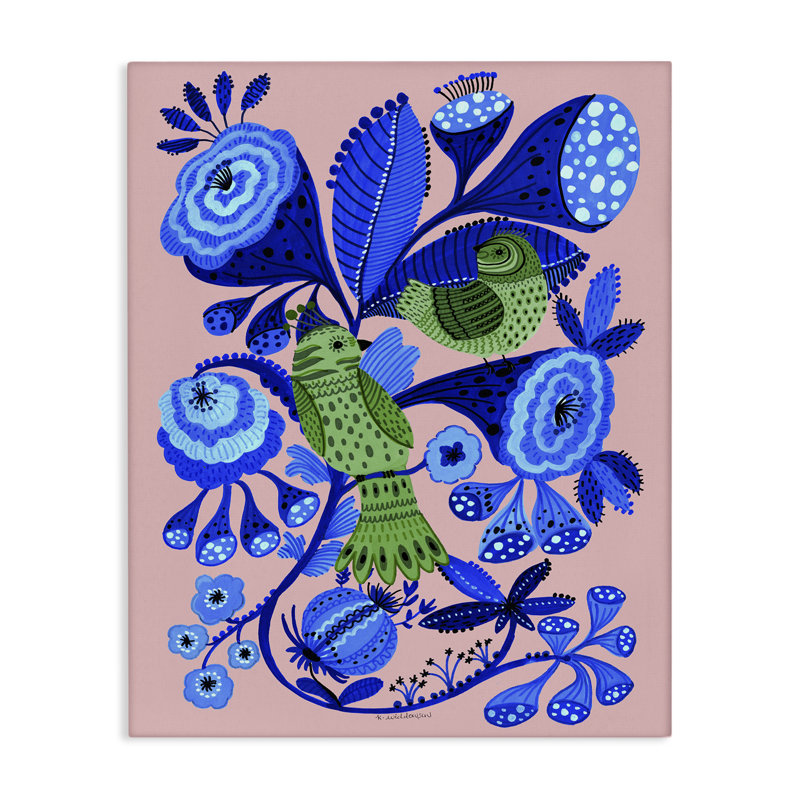 Oiseaux de style populaire sur toile, par Kay Widdowson, H 30 po x l 24 po