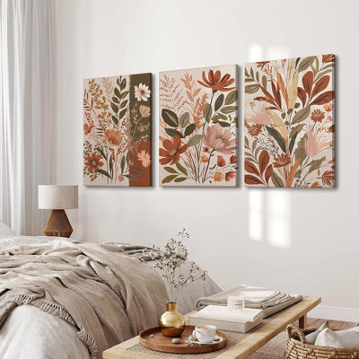 3 pièces Boho, art mural sur toile, impression botanique verte, images murales, tons de terre, plantes, peinture neutre, œuvre d'art esthétique, 3 pièces, décoration murale prête à être suspendue, taille 12 po x 16 po