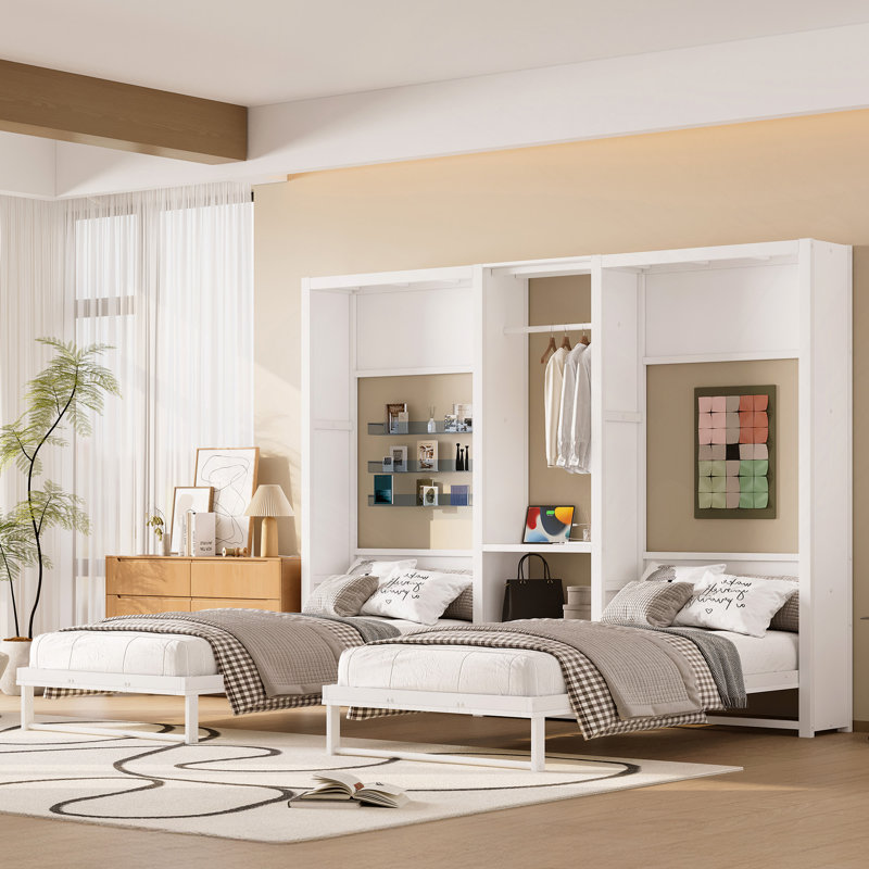 Lit escamotable, lit escamotable pliable en métal avec garde-robe, tablettes et prises de courant, conception 2 en 1, peu encombrant
