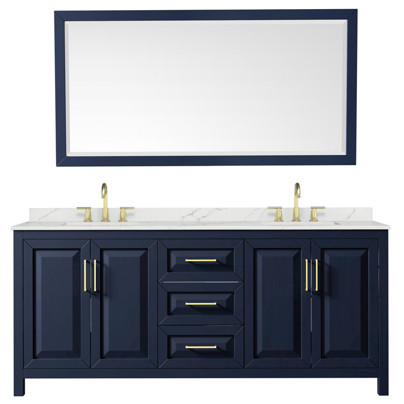 Ensemble de meuble-lavabo double 80 po avec dessus en quartz et miroir Daria, Quartz blanc, Bleu, Or brossé