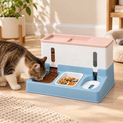 3-in-1 Automatic Pet Feeder with Water Dispenser – Gravity Food & Water Station with Snack Tray, Visible Window & Removable Bowls, for Small to Medium Cats & Dogs (13.8", Pink/Blue/Green)