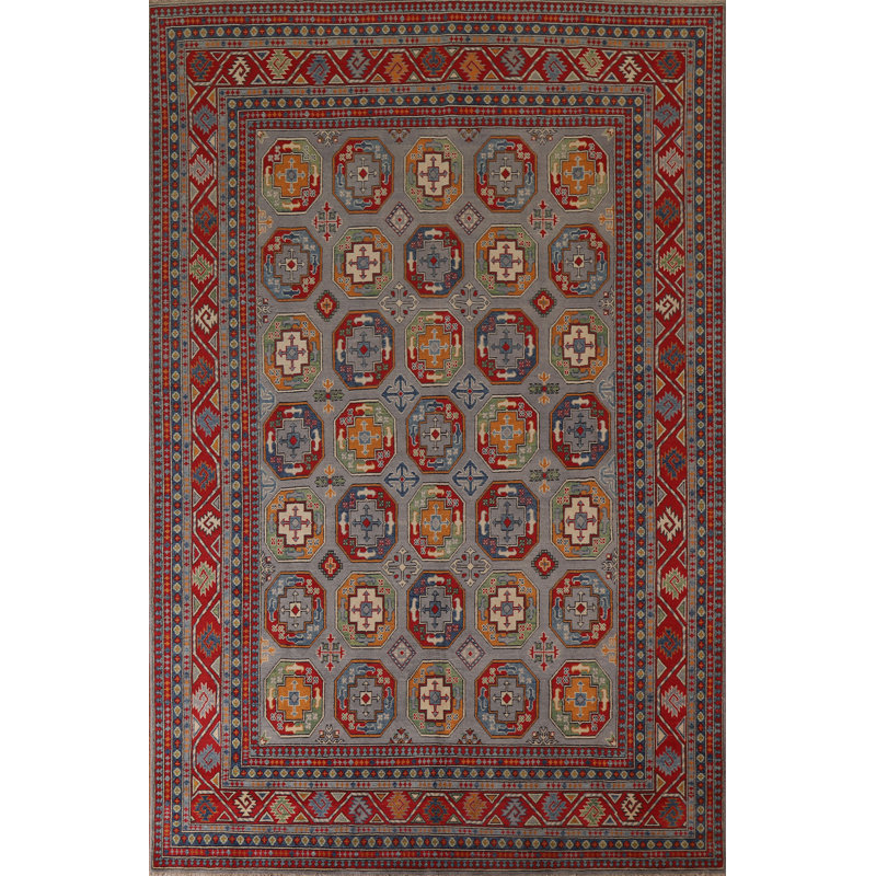 Tapis rouge / gris / orange en laine noué à la main de conception unique 8 pi 3 po x 10 pi 11 po New Age