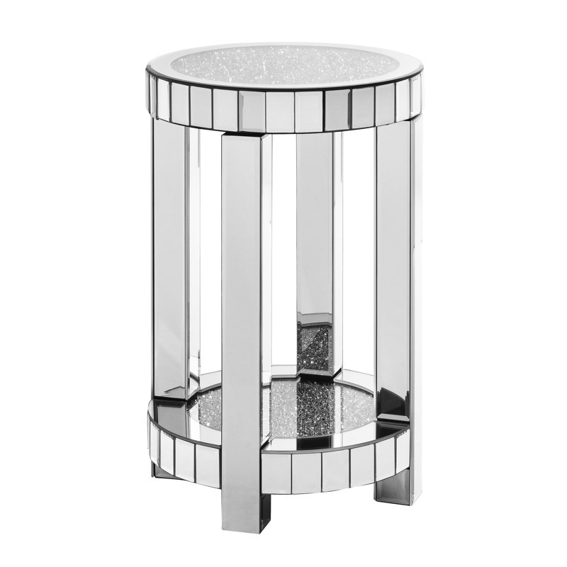 Table ronde à miroir argenté avec rangement à 2 couches - incrustation de cristal pour salon élégant, chambre à coucher côté café moderne