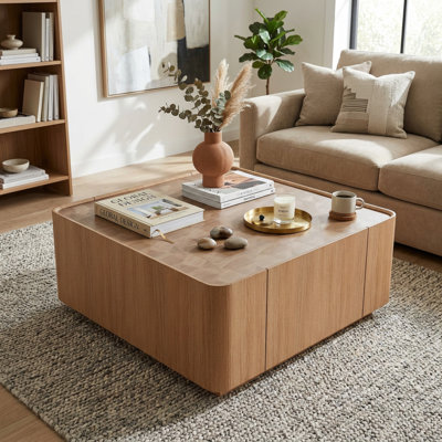Table basse 31,5 "carrée avec plateau en verre trempé et tiroirs à fermeture douce