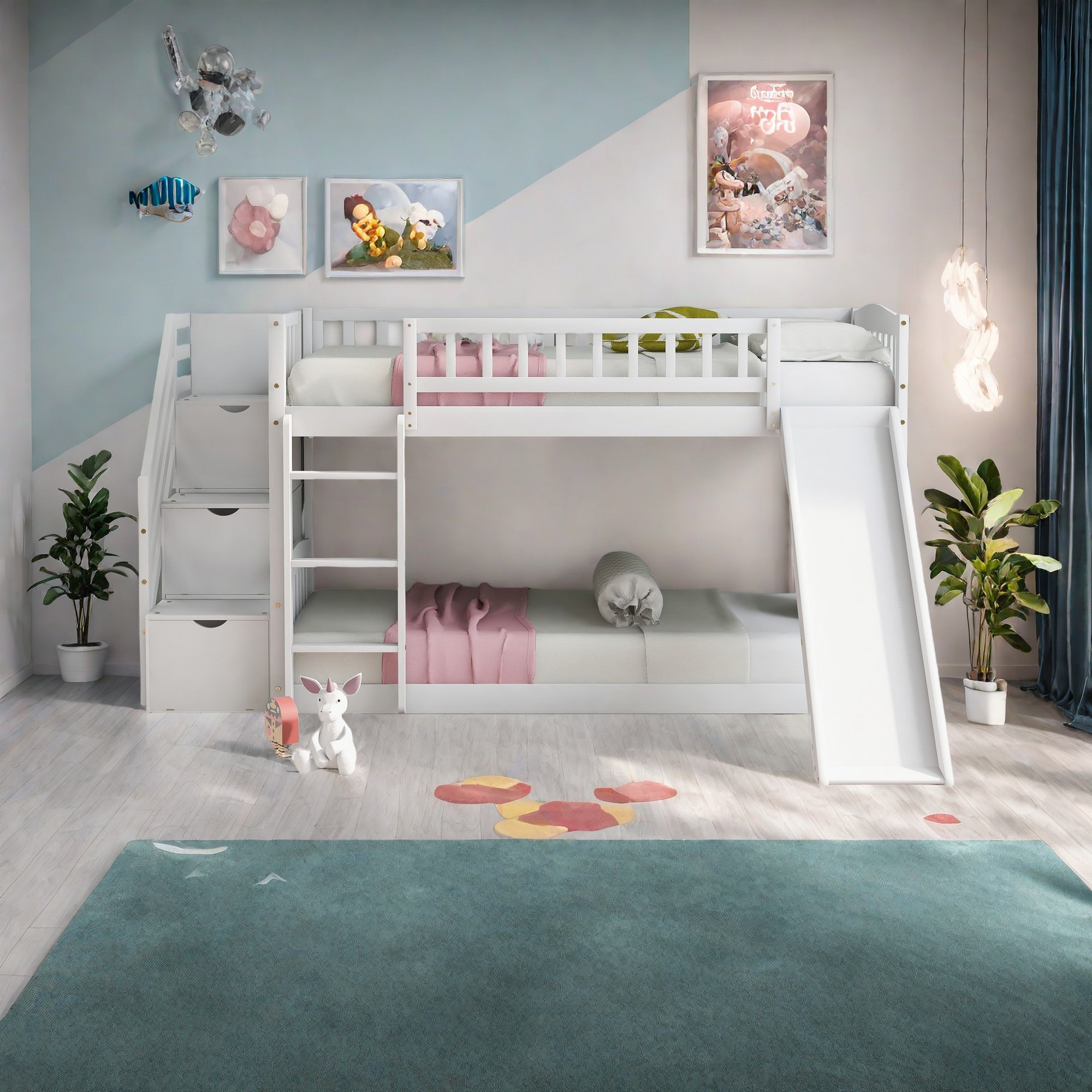 Harriet Bee Stairway Twin Over Twin Bunk Bed With Two Drawers And Slide ...