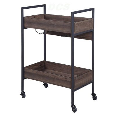 Walnut And Black Serving Cart With 2 Shelves