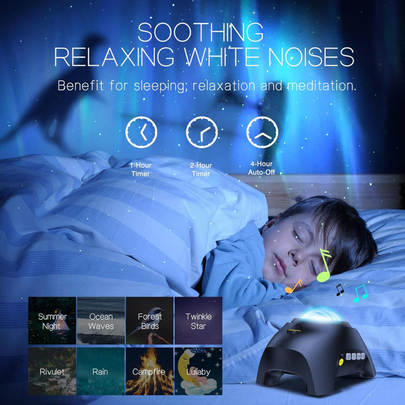 Projecteur Aurora Northern Galaxy Light avec 33 effets de lumière, veilleuse à DEL avec veilleuse pour chambre à coucher, télécommande, bruits blancs, haut-parleur Bluetooth pour fêtes noir