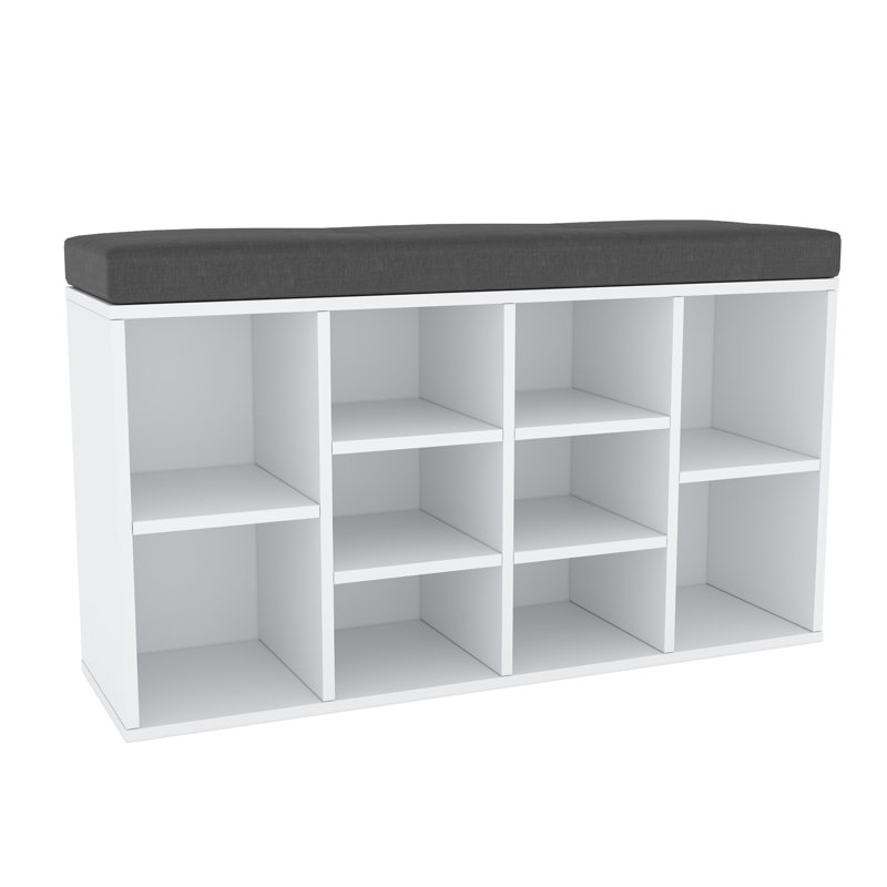Gray Upholstered Shoe Storage Bench with 10 Compartments