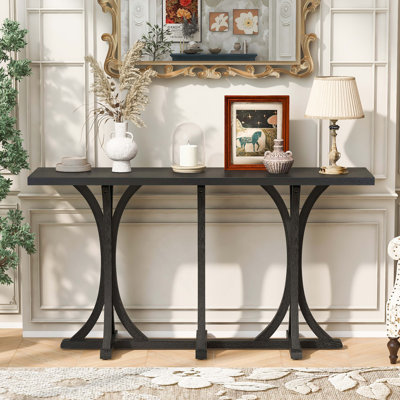 Console de 59,8 po en bois avec plateau en placage de chêne, table d'entrée de ferme avec pieds courbés minces en bois d'hévéa, parfaite pour le salon, le vestibule, le couloir et les espaces repas